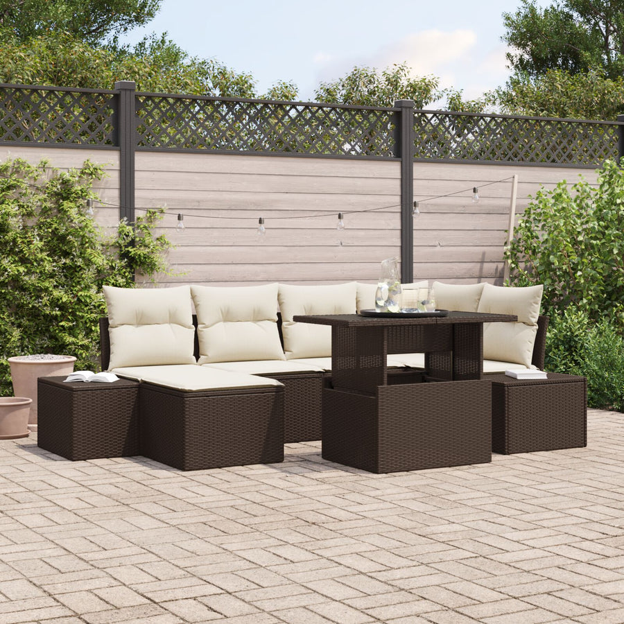 Tuin Bank Set Set Van 7 Bruin Rattan, Polyester Tuin Bank Set
