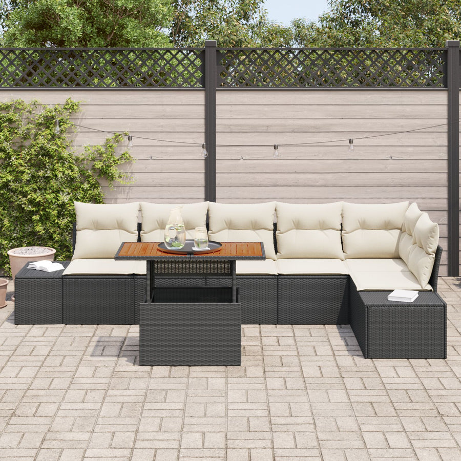 7-Delige Tuin Eetset Met Kussens Zwart Poly Rattan Acacia