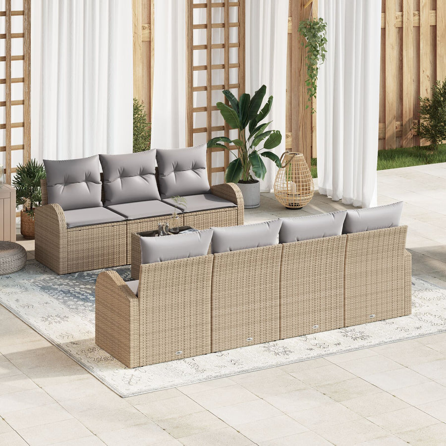 Set Van 8 Tuinbank Met Kussens Beige Poly Riet