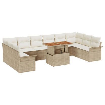 11-Delige Tuin Eetset Met Kussens Beige Poly Rattan Acacia