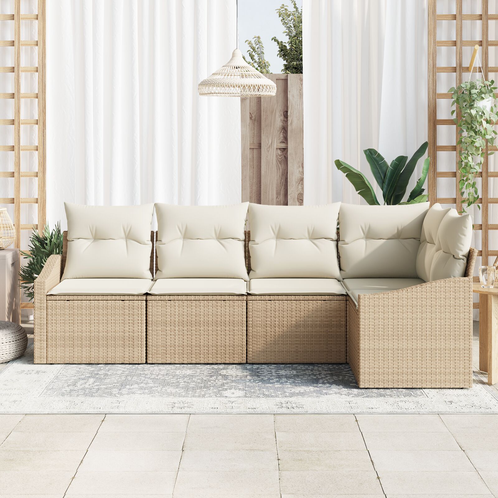 Tuinbankset Set Van 5 Beige, Crème Poly Rattan, Polyester, Staal