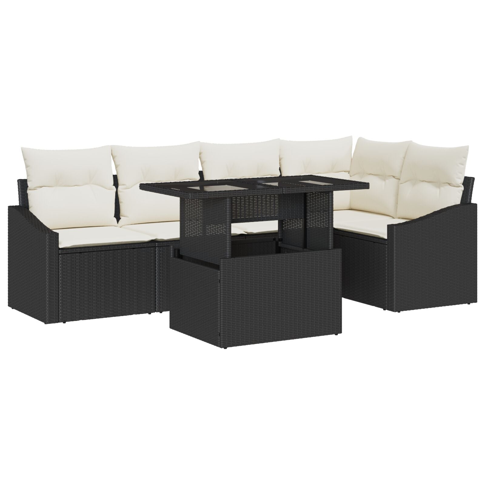 Tuinbank Set 6-Delig Zwart Rattan Buiten Bank Set Rechthoekig