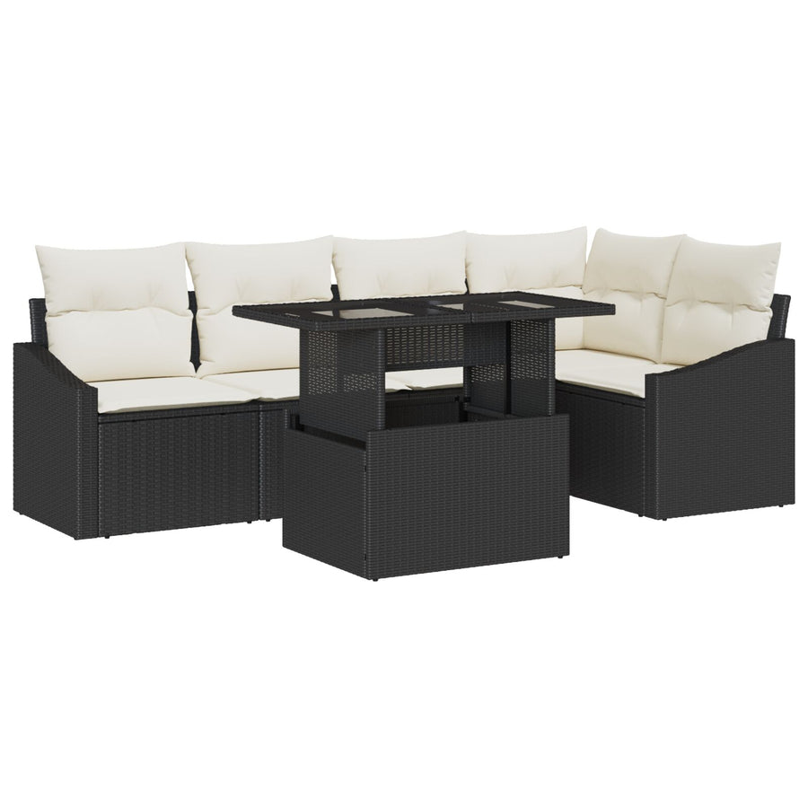 Tuinbank Set 6-Delig Zwart Rattan Buiten Bank Set Rechthoekig