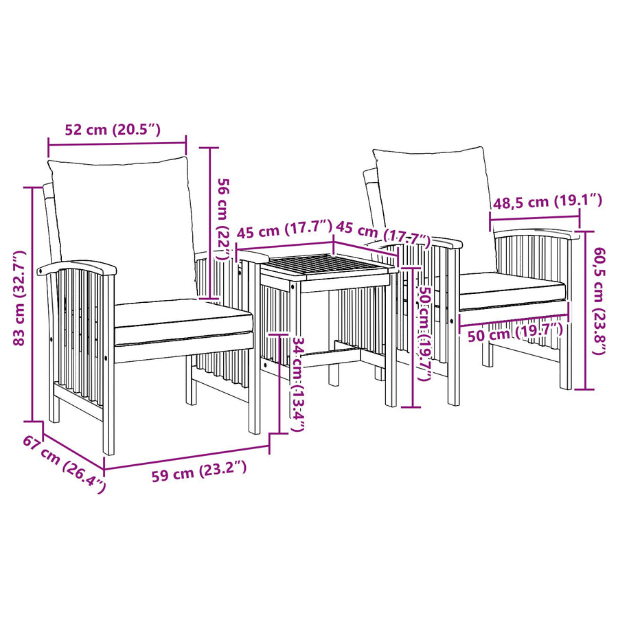 3-Delige Tuin Lounge Set Met Kussens Van Massief Acaciahout Crème wit 2 fauteuils + tafel