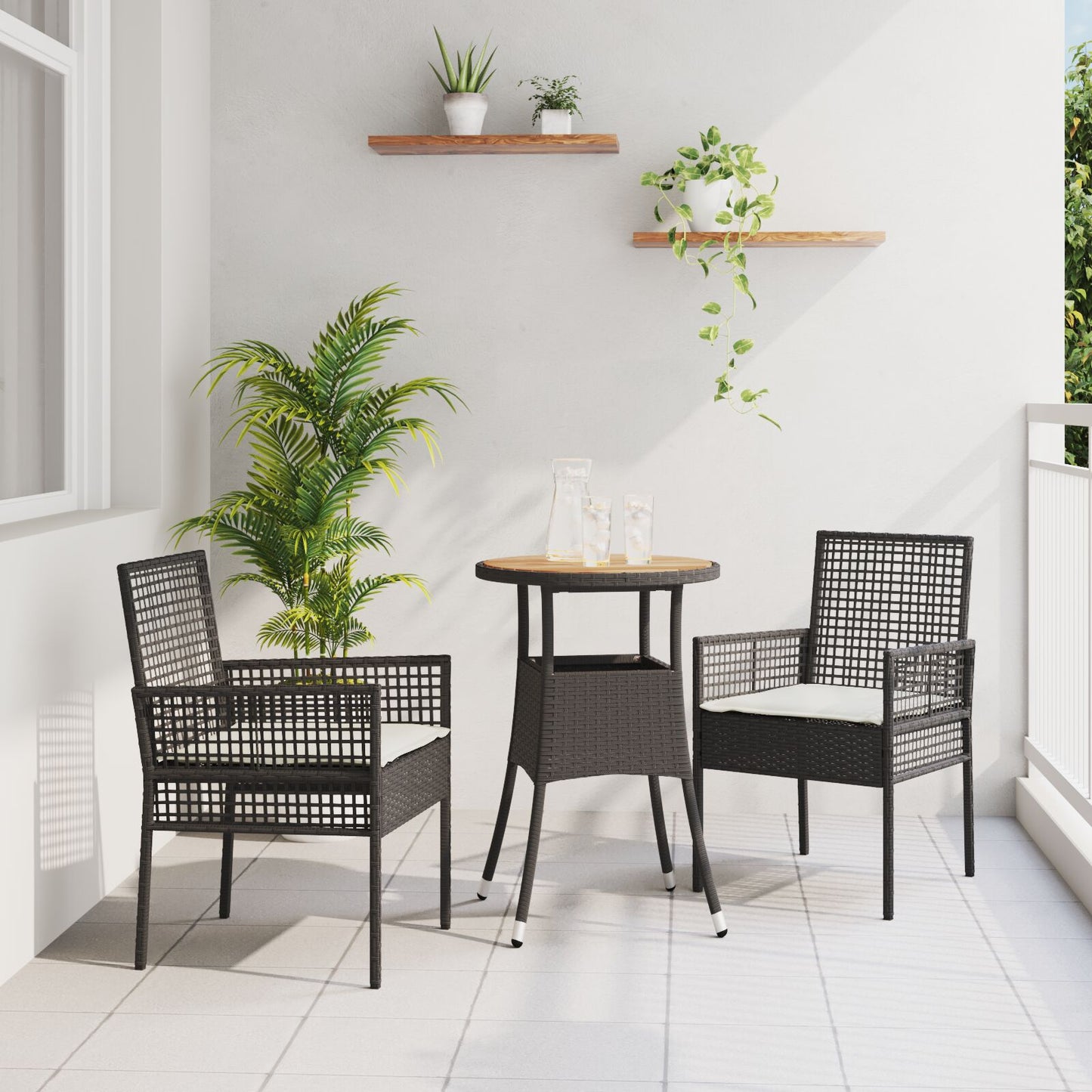 3-Delige Tuin Eetset Zwart Poly Rattan