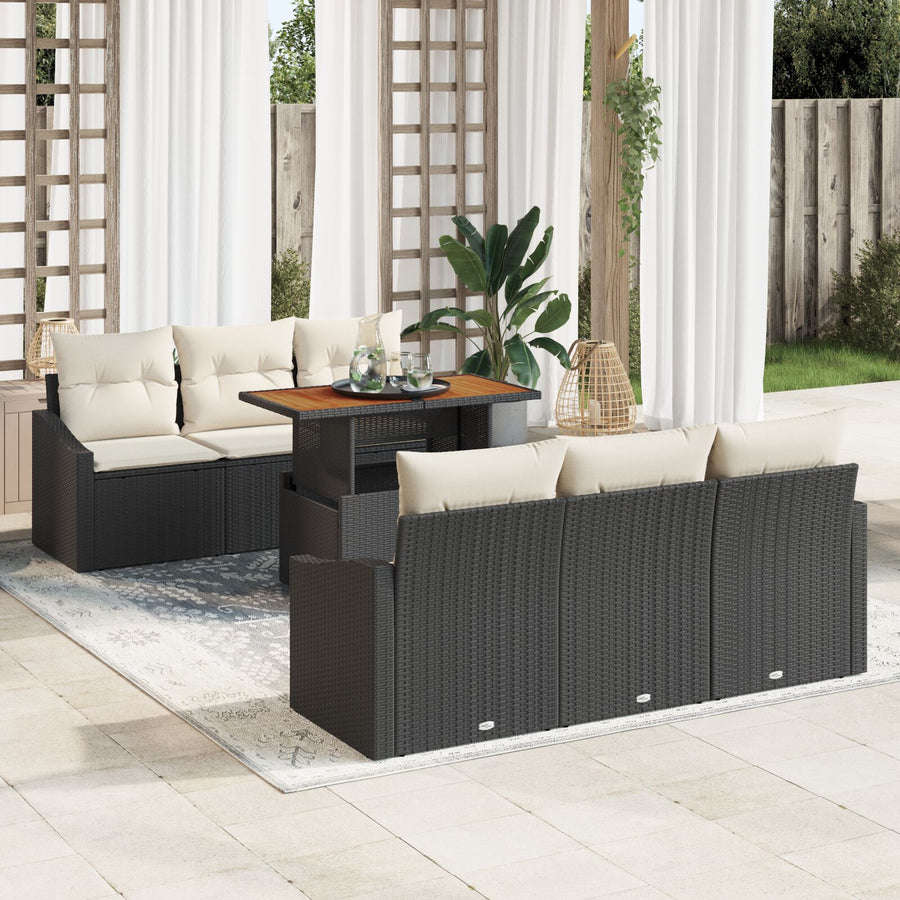 7 Delige Tuin Eetset Met Kussens Zwart Poly Rattan Acacia