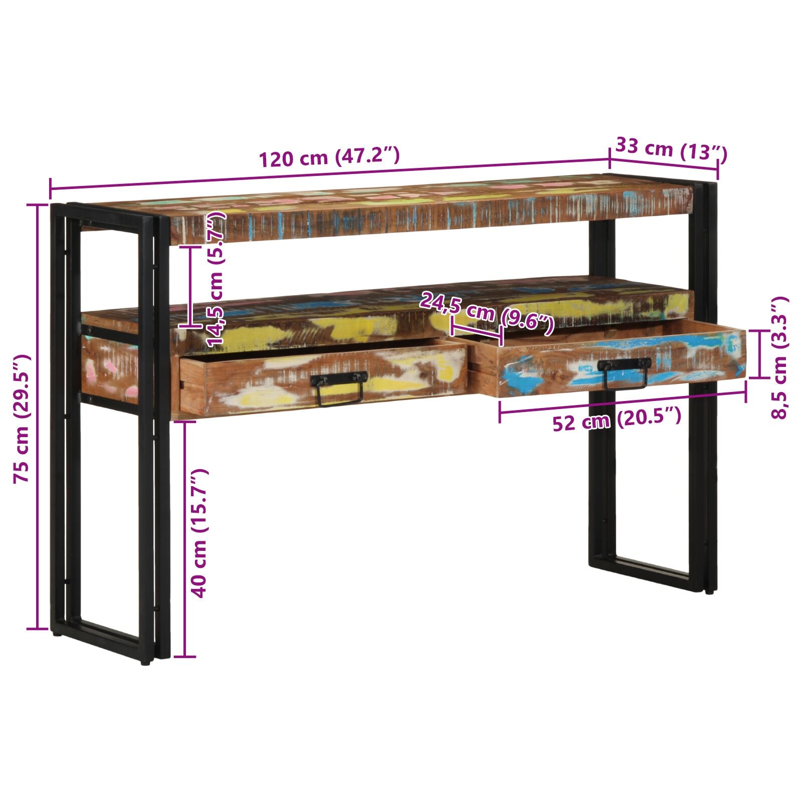 Bijzettafels Meerkleurig En Metaal 120 x 33 x 75 cm Massief gerecycled hout
