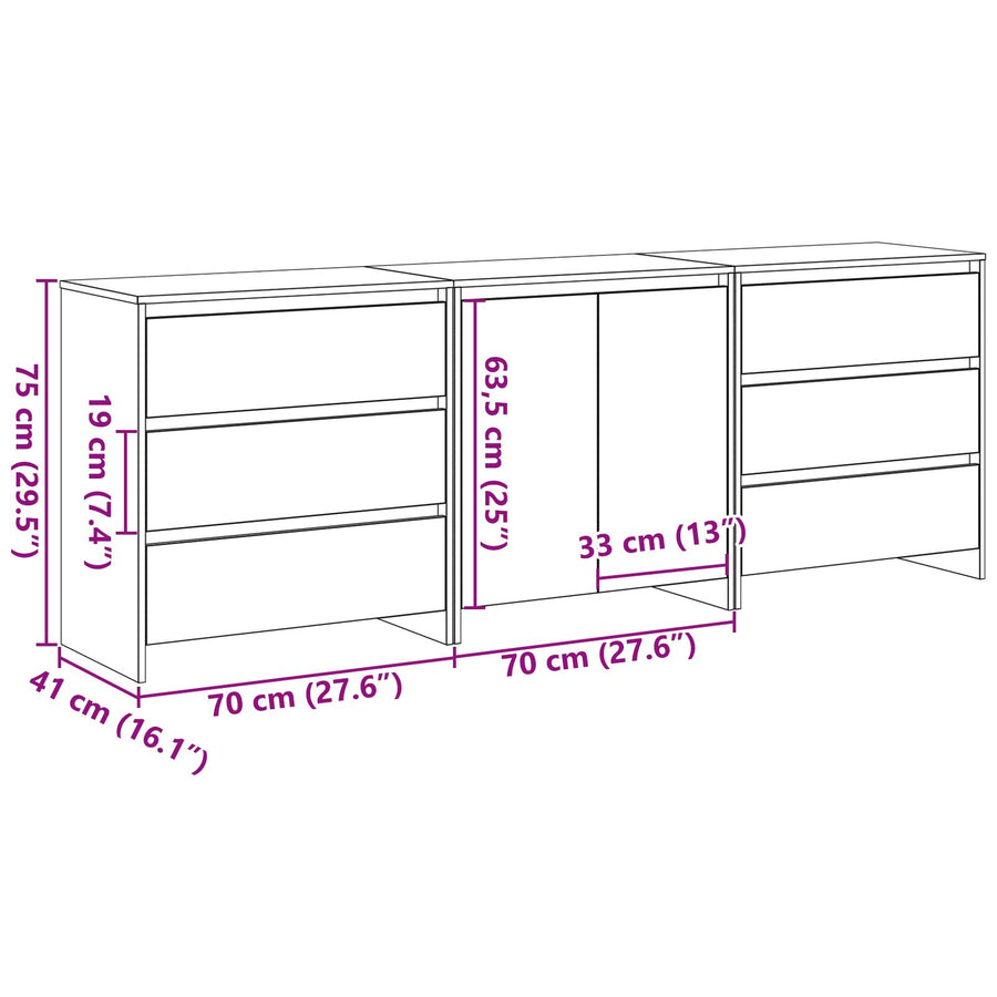 3-Delige Sideboards In Zwart Eiken Geengineerd Hout