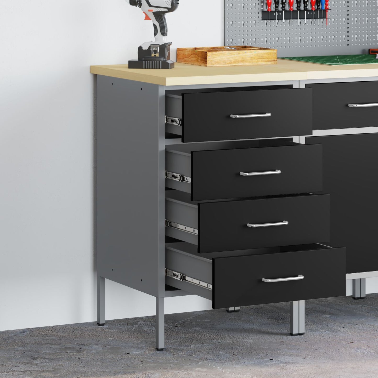 Werkbank 50X55X85 Cm Staal Zwart en grijs Werkplaatskast met 4 lades