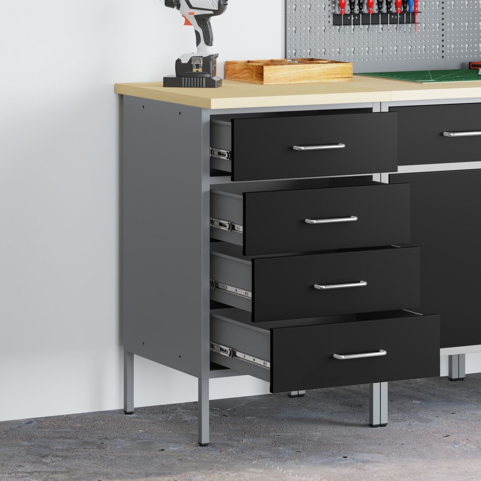 Werkbank 50X55X85 Cm Staal Zwart en grijs Werkplaatskast met 4 lades