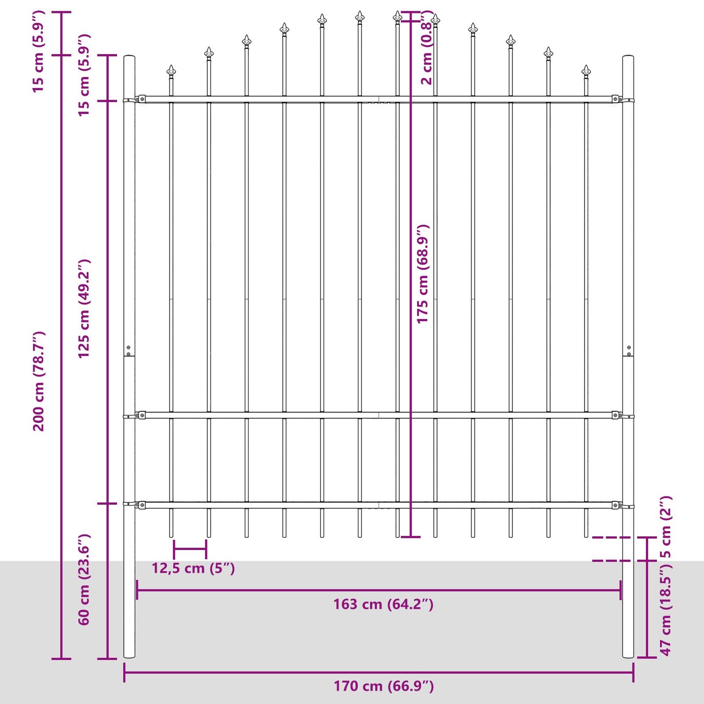 Tuinhek Met Hoedtop 5,1X1,75 M Staal Grijs 5.1 m 150-175 cm