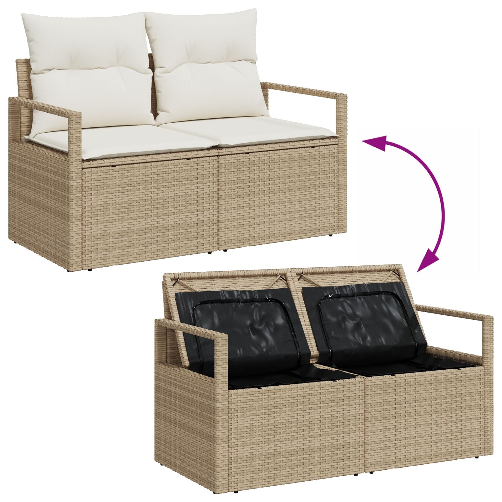 3-Delige Tuinsofa Set Met Kussens Beige Poly Riet, 2-Zits Tuinsofa Met Opbergruimte & Kussens Beige Poly Riet Gegalvaniseerd Staal