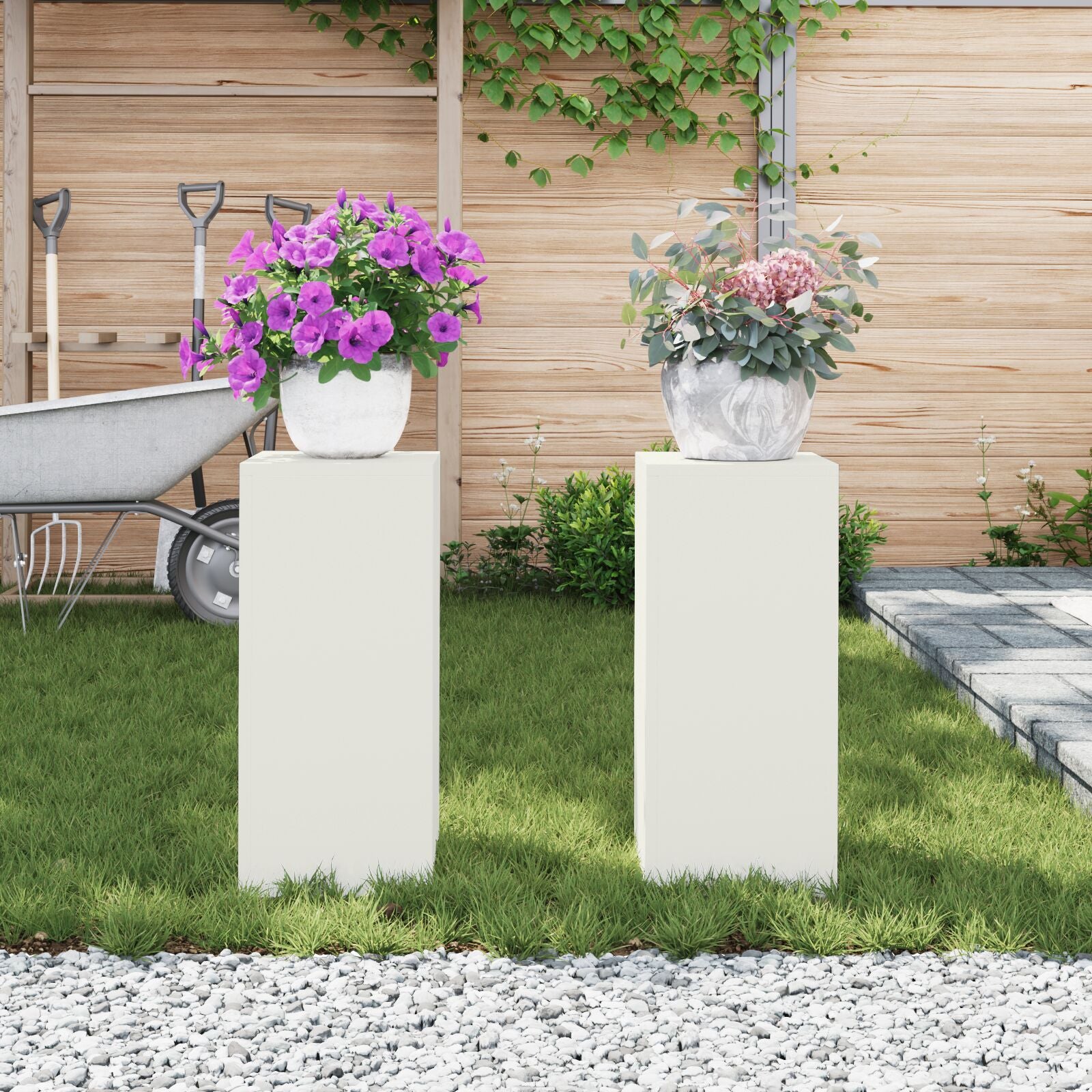 Buiten Plantstands Set Van 2 In , 24X24X55 Cm, Staal Wit 2x (55 cm)
