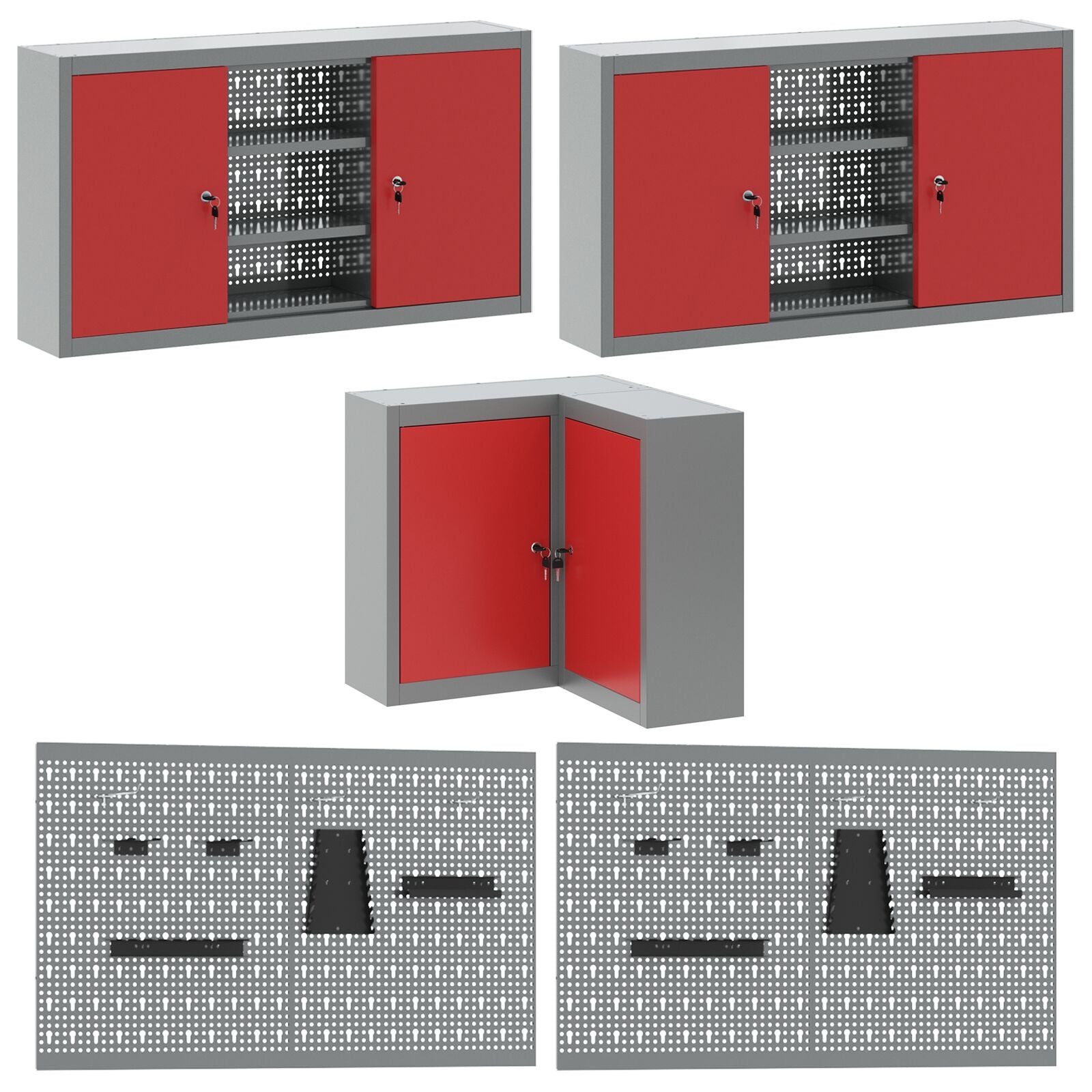 12-Delige Werkcabinet En Pegboard Set In Het Van Mdf En Metaal 4x (2x84/2x85 cm) Rood Tafel + 7x kast + 6x pegboard