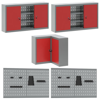 12-Delige Werkcabinet En Pegboard Set In Het Van Mdf En Metaal 4x (2x84/2x85 cm) Rood Tafel + 7x kast + 6x pegboard