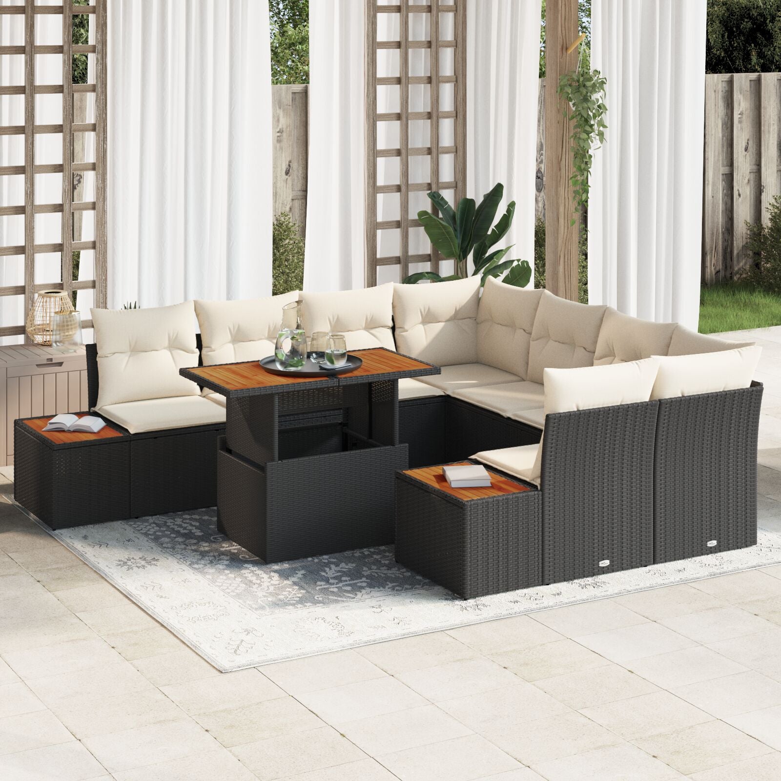9-Delige Tuin Eetset Met Kussens Zwart Poly Rattan Acacia