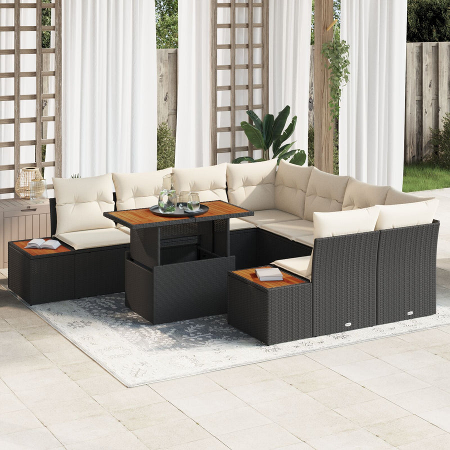9-Delige Tuin Eetset Met Kussens Zwart Poly Rattan Acacia