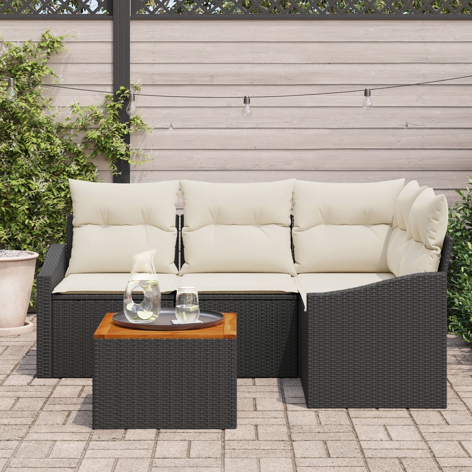 5 Delige Tuin Sofa Set Met Kussens Zwarte Poly Rattan Acacia