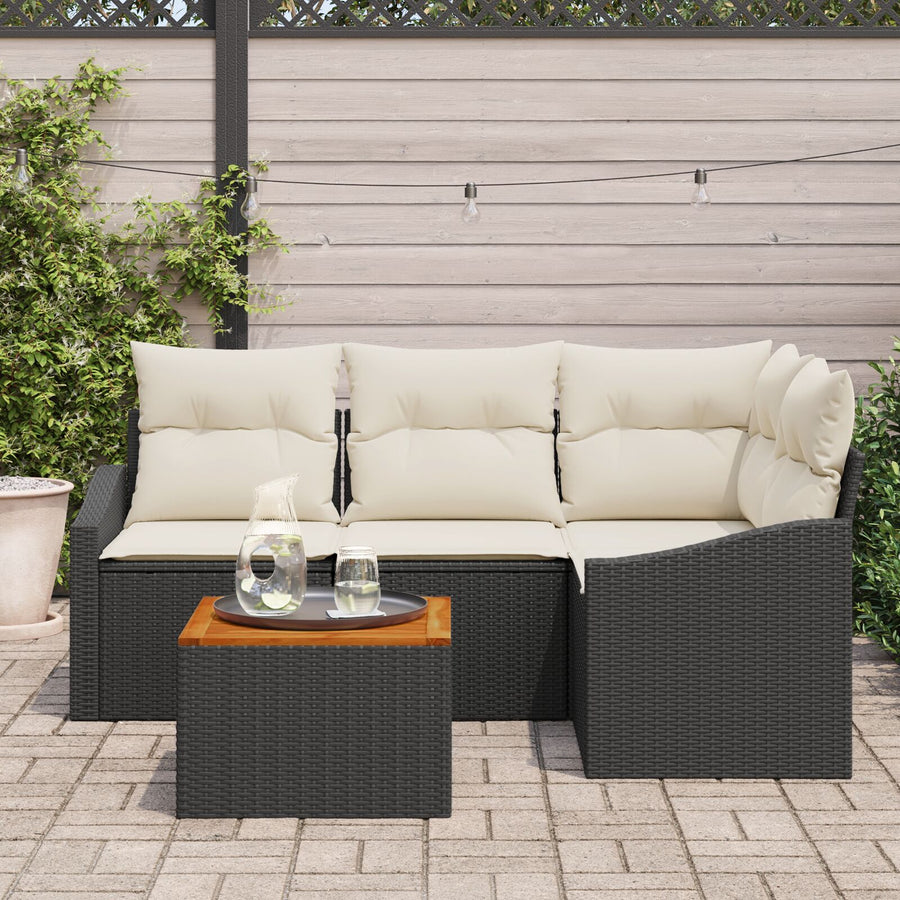 5 Delige Tuin Sofa Set Met Kussens Zwarte Poly Rattan Acacia