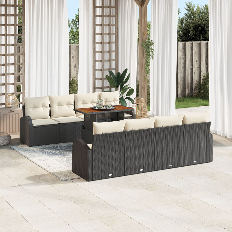9-Delige Tuin Eetset Met Kussens Zwart Poly Rattan Acacia
