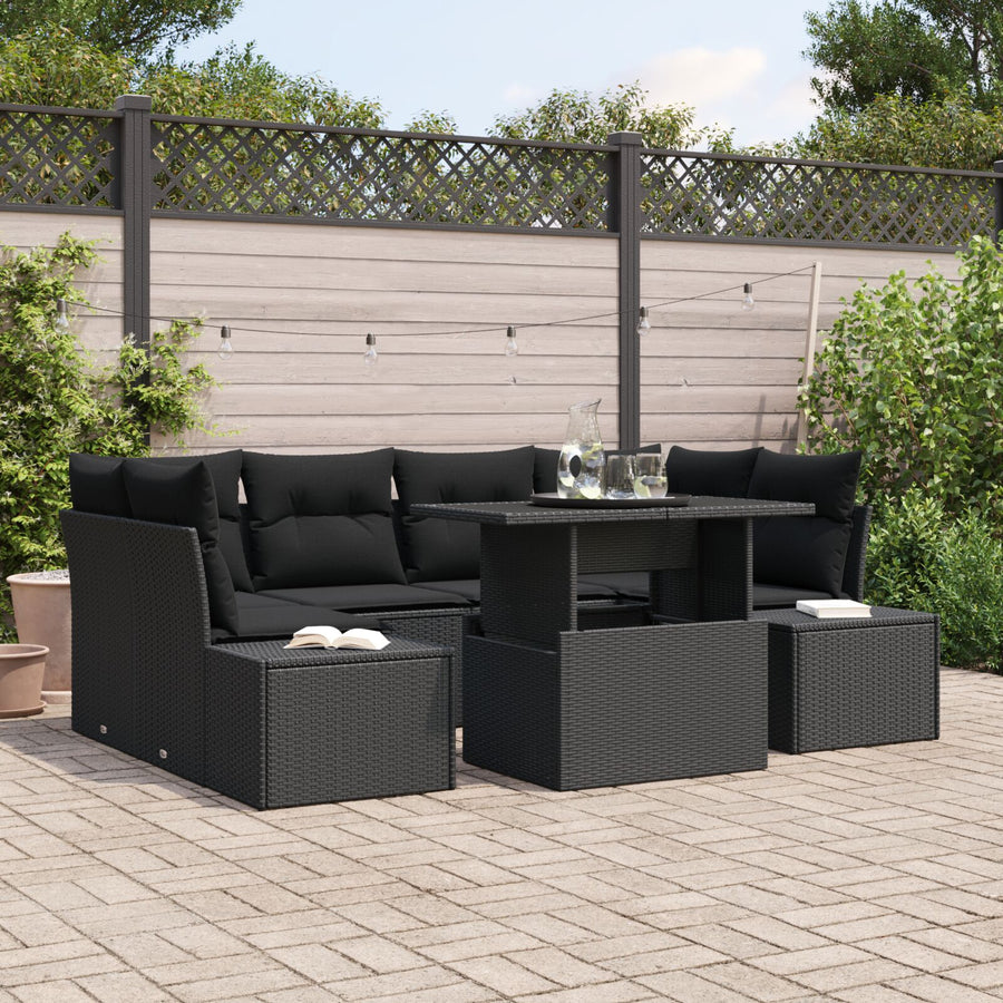 Tuin Sofa Set Set Van 7 Zwart Poly Riet, Glas Tuin Sofa Set