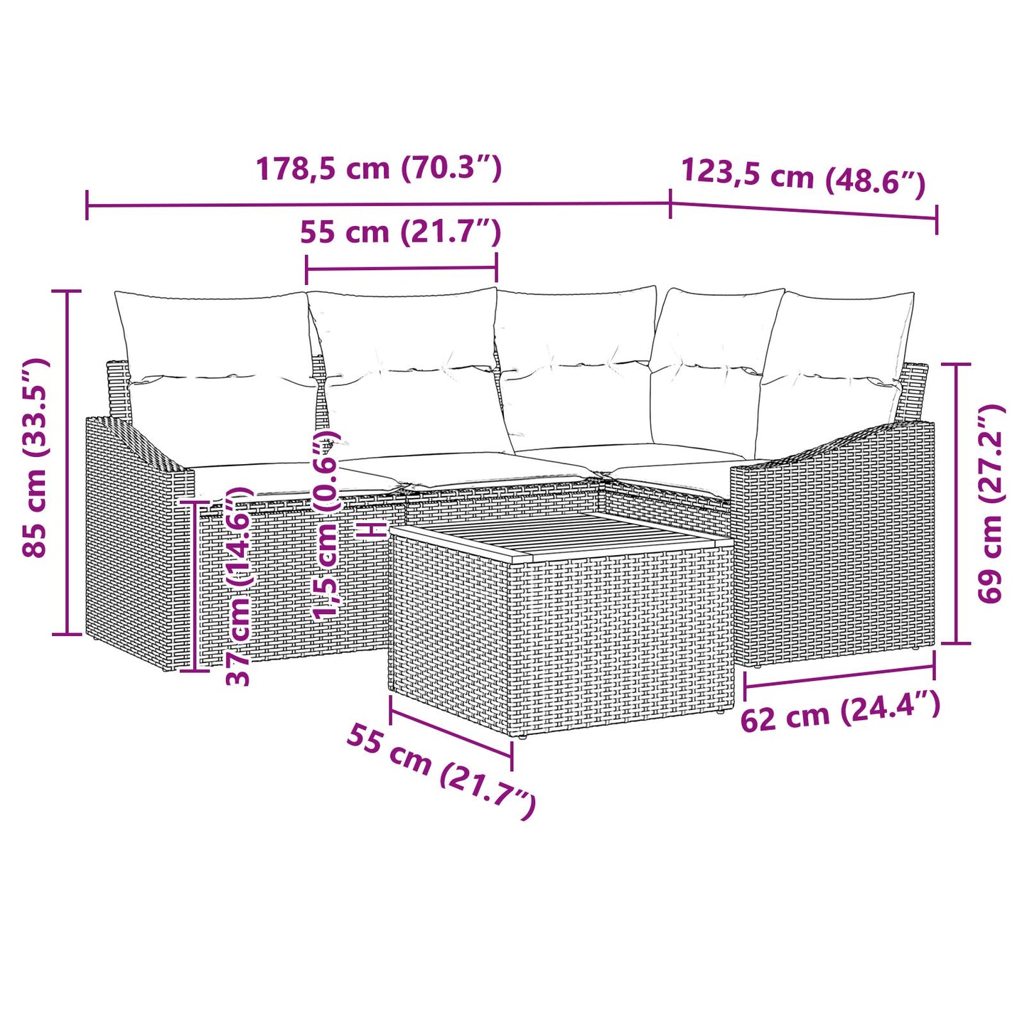 5 Delige Tuin Sofa Set Met Kussens Zwarte Poly Rattan Acacia