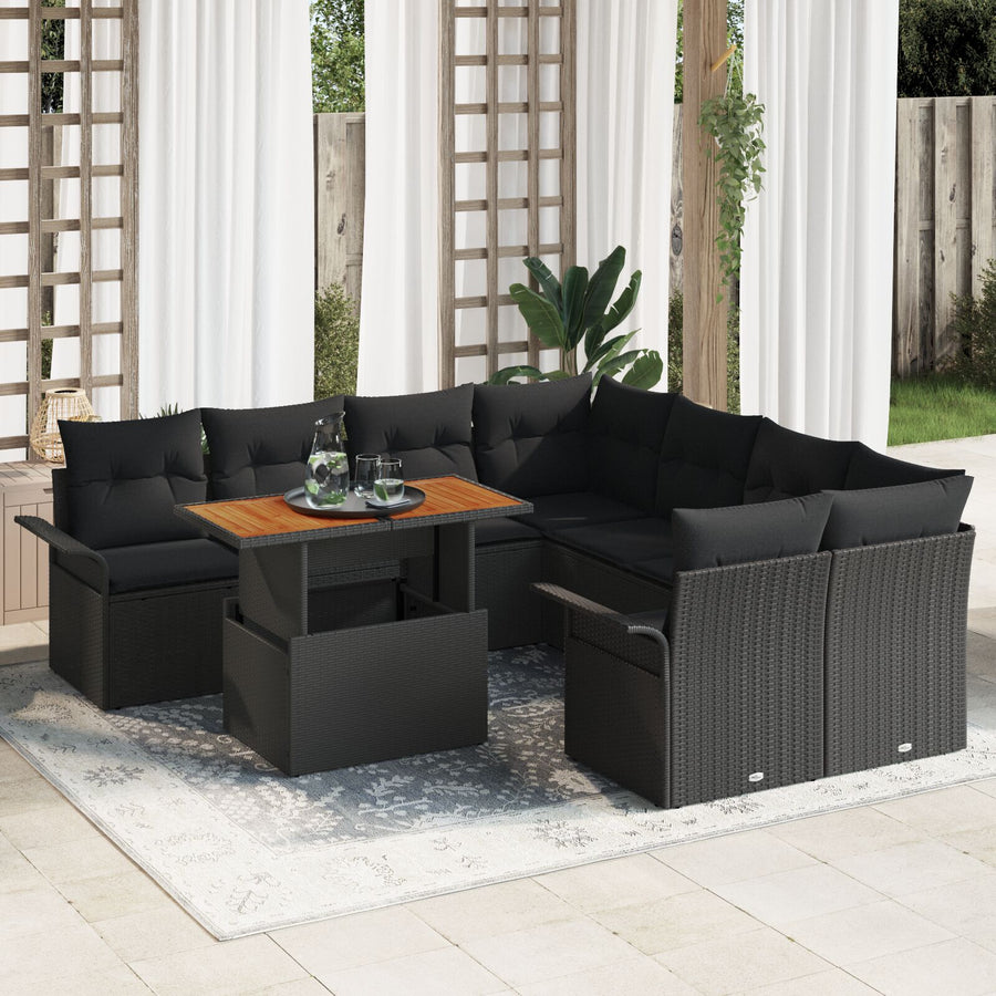 9-Delige Tuin Sofa Set Met Kussens Zwart Poly Rattan Acacia
