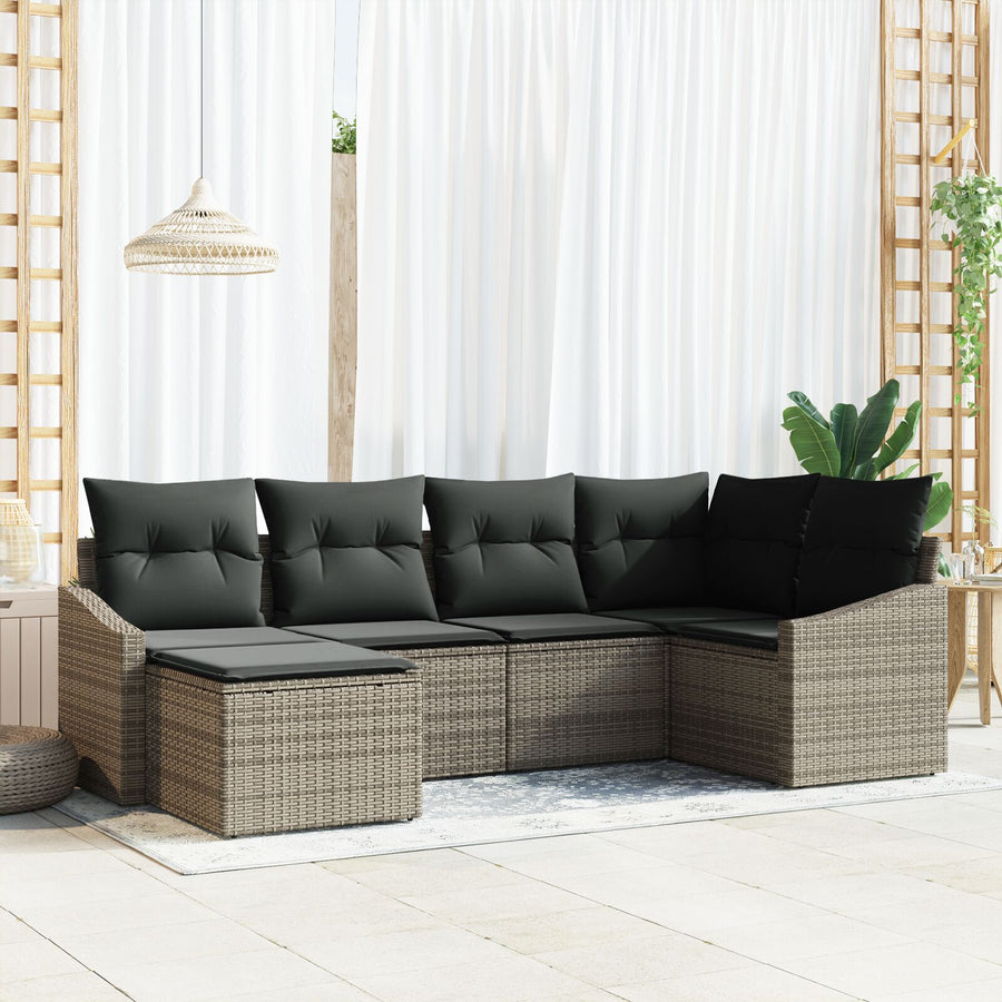 6-Delige Tuin Eetset Met Kussens Grijs Poly Rattan