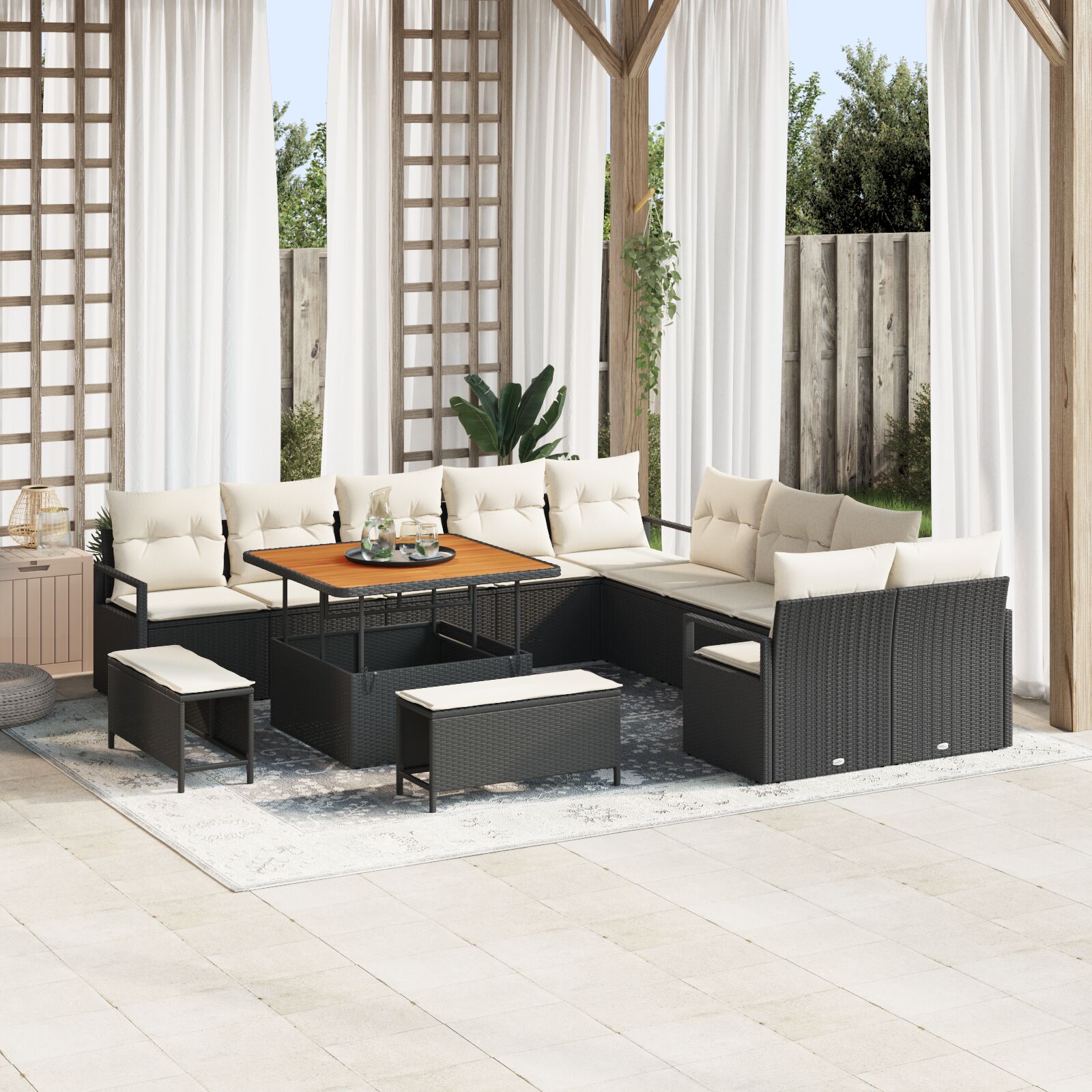 13-Delig Tuinbank Set Met Kussens Zwart Poly Rattan Acacia, 2-Zits Tuinbank Met Opbergruimte & Kussens Zwart Poly Rattan, 3-Delig Tuin Eetset Met Kussens Zwart Poly Rattan Acacia Wit