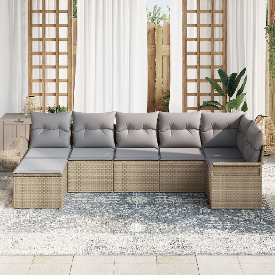7-Delige Tuinsofaset Met Kussens Beige Poly Rattan