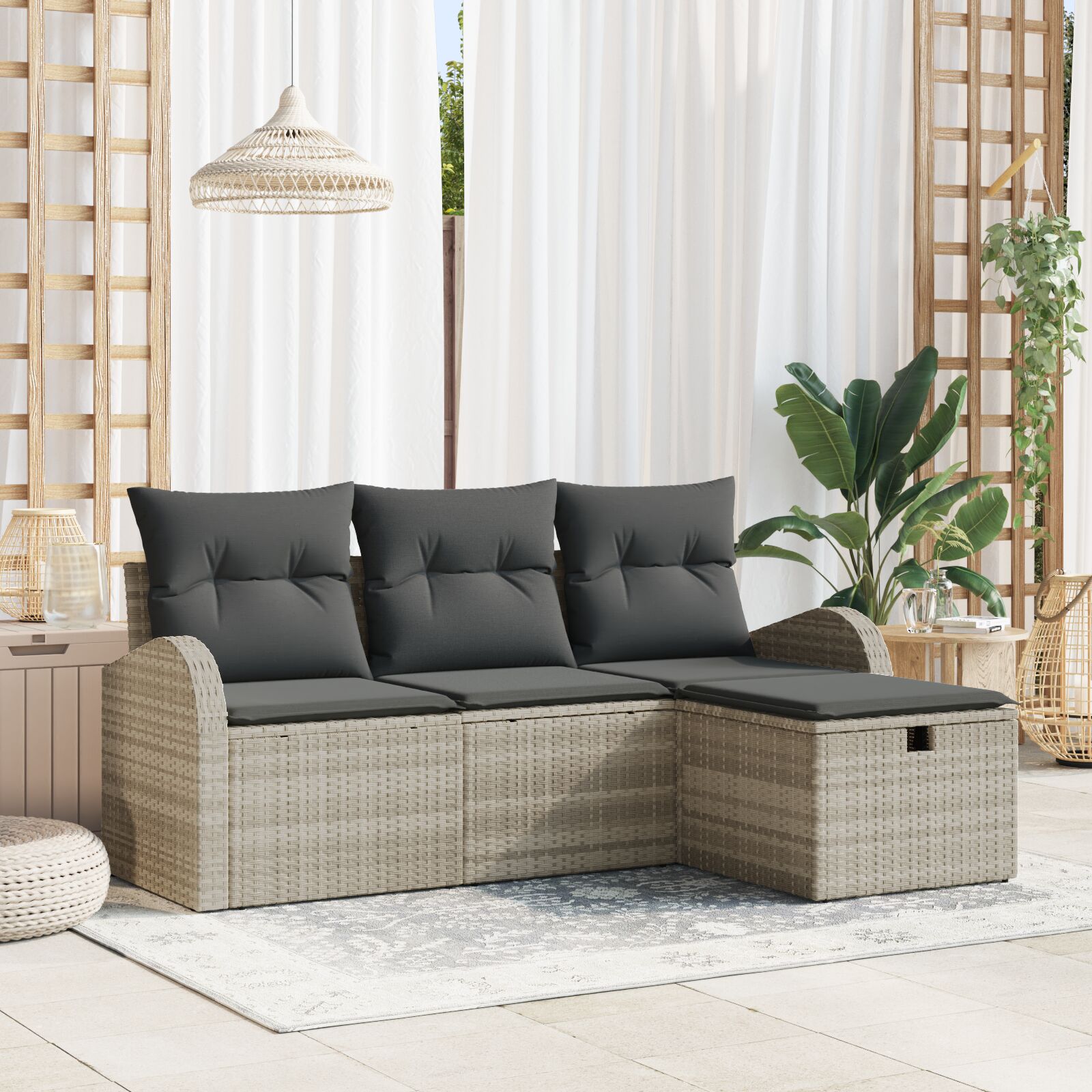 4-Delige Tuin Sofa Set Met Kussens Lichtgrijs Poly Rattan