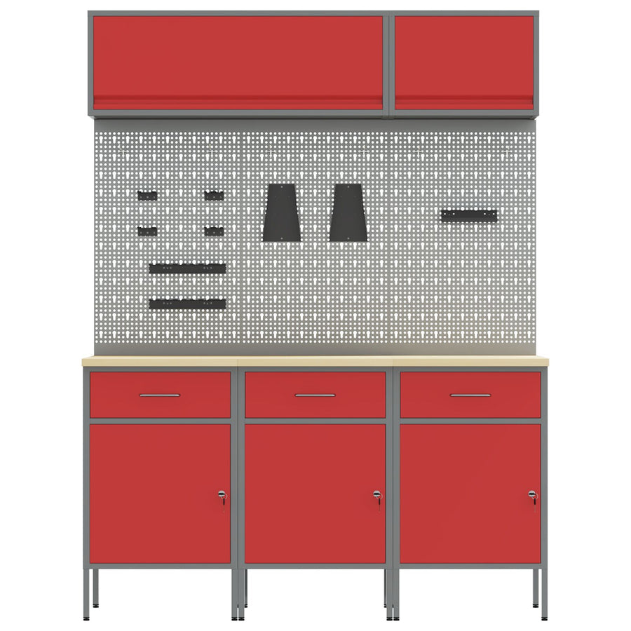 8-Delige Werkbankset Staal 3x (84 cm) Rood 3x kast + 3x pegboard + 2x kast met deur