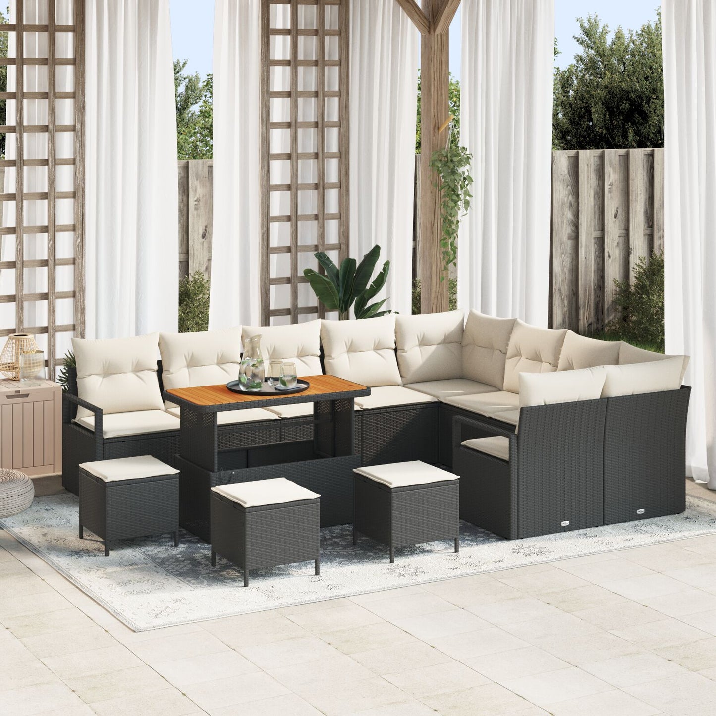 13-Delige Tuin Sofa Set Met Kussens Zwart Poly Rattan Acacia, 2-Zits Tuin Sofa Met Opslag & Kussens Zwart Poly Rattan, 4-Delige Tuin Eet Set Met Kussens Zwart Poly Rattan Acacia Wit