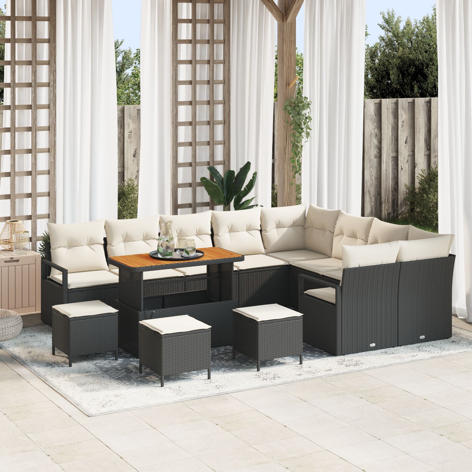 13-Delige Tuin Sofa Set Met Kussens Zwart Poly Rattan Acacia, 2-Zits Tuin Sofa Met Opslag & Kussens Zwart Poly Rattan, 4-Delige Tuin Eet Set Met Kussens Zwart Poly Rattan Acacia Wit