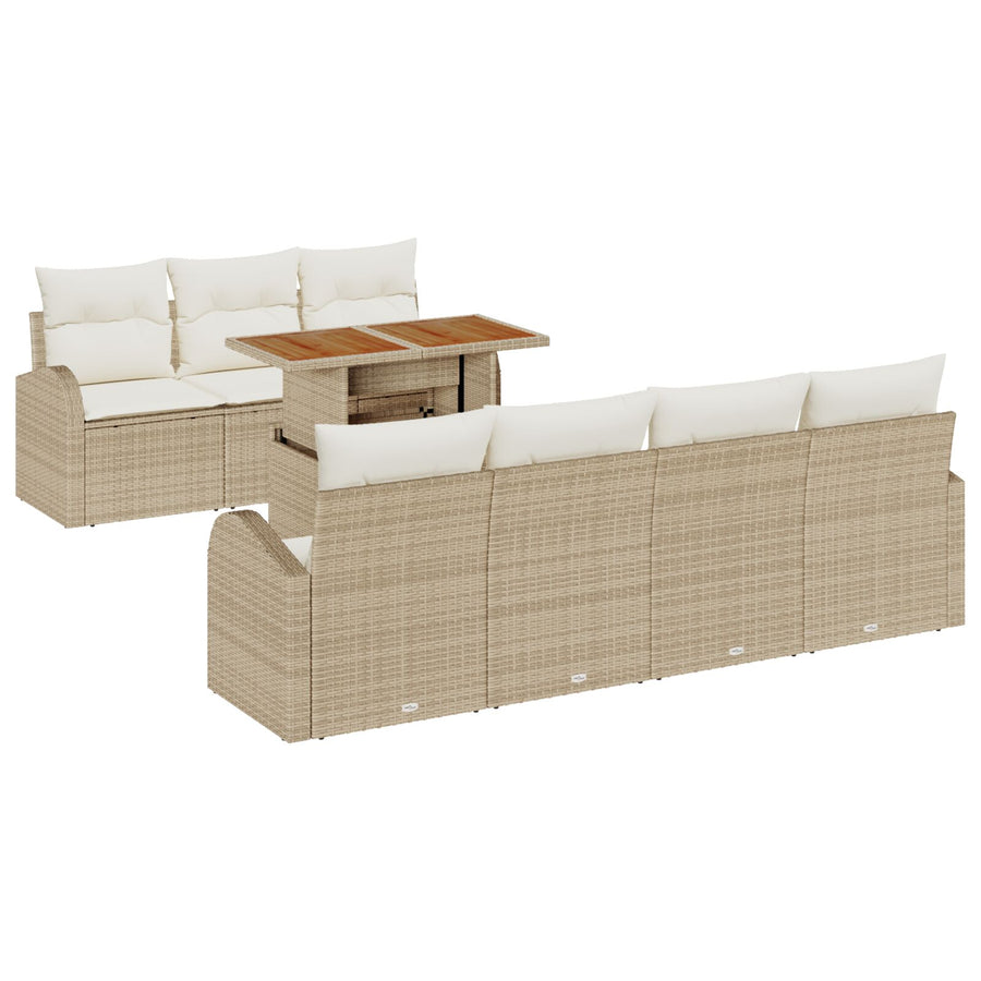8-Delige Tuin Eettafel Set Met Kussens Beige Poly Rattan Acacia