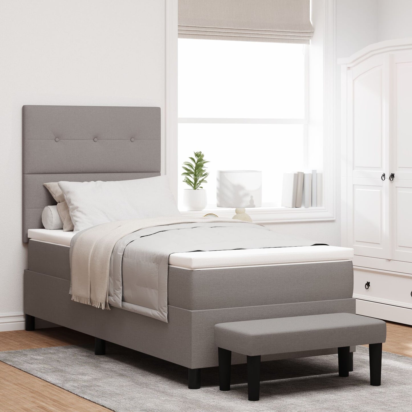 Boxspring Bed Met Matras & Bank Stof Taupe 100 x 200 cm Knoop tufted