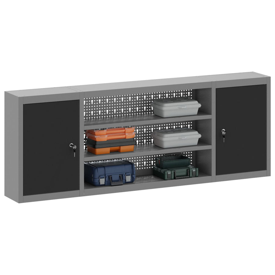 Gereedschapskast Wandmontage Met Pegboard 150X20X55 Cm Staal 150 cm Zwart en grijs Wandkast met pegboard