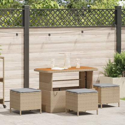 4 Delige Tuin Eettafelset Met Kussens Poly Rattan Acacia 110 cm Beige en grijs 3 krukken