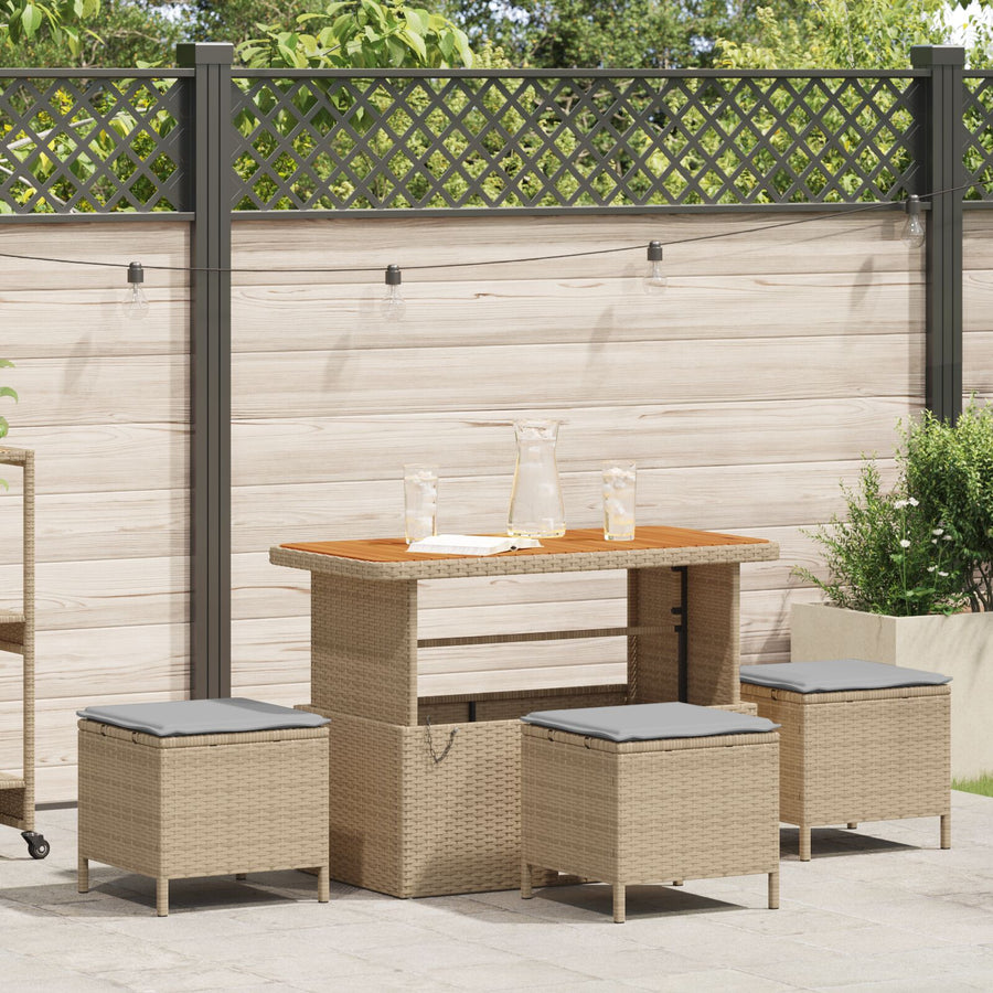 4 Delige Tuin Eettafelset Met Kussens Poly Rattan Acacia 110 cm Beige en grijs 3 krukken
