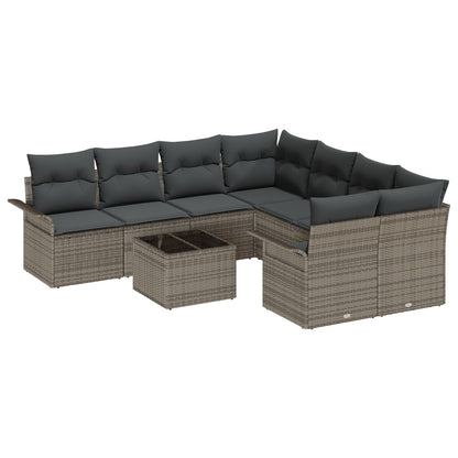 9-Delige Tuinsofa Set Met Kussens Grijs Poly Rattan