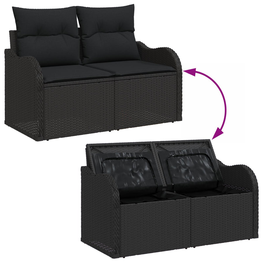 2-Zits Tuinbank & Kussens Poly Rattan Zwart met opslag