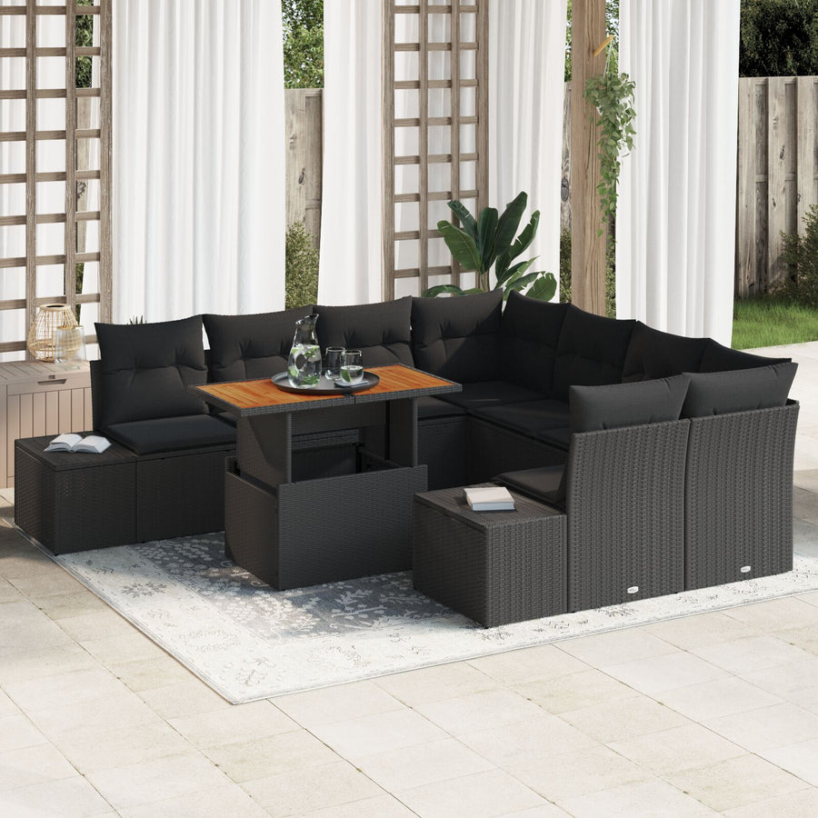 Tuinbank Set Set Van 9 Zwart Wicker, Stof 4-Zits Tuin Bank