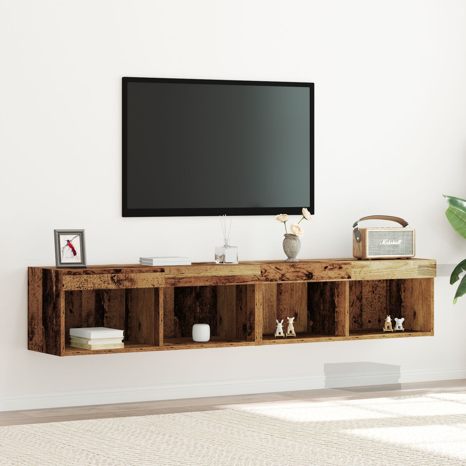 Tv Wandkasten Met Led-Verlichting 2 Stuks Oud Hout Oude Hout