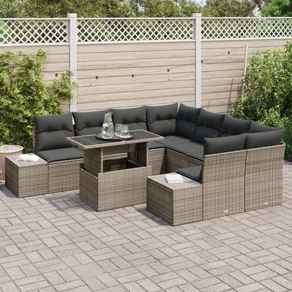 9-Delige Tuinbankset Met Kussens Grijs Poly Riet