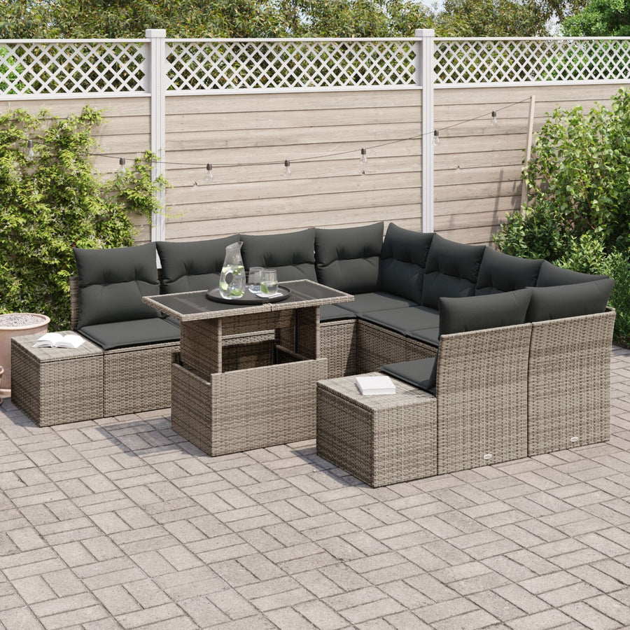 9-Delige Tuinbankset Met Kussens Grijs Poly Riet