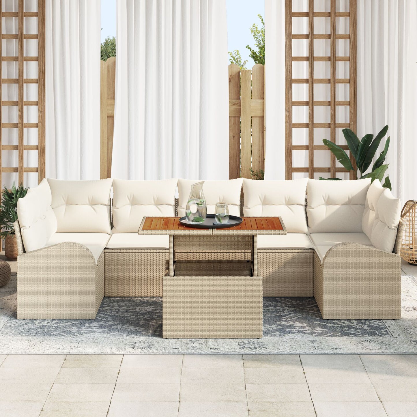 8-Delig Tuindining Set Met Kussens Beige Poly Rattan Acacia