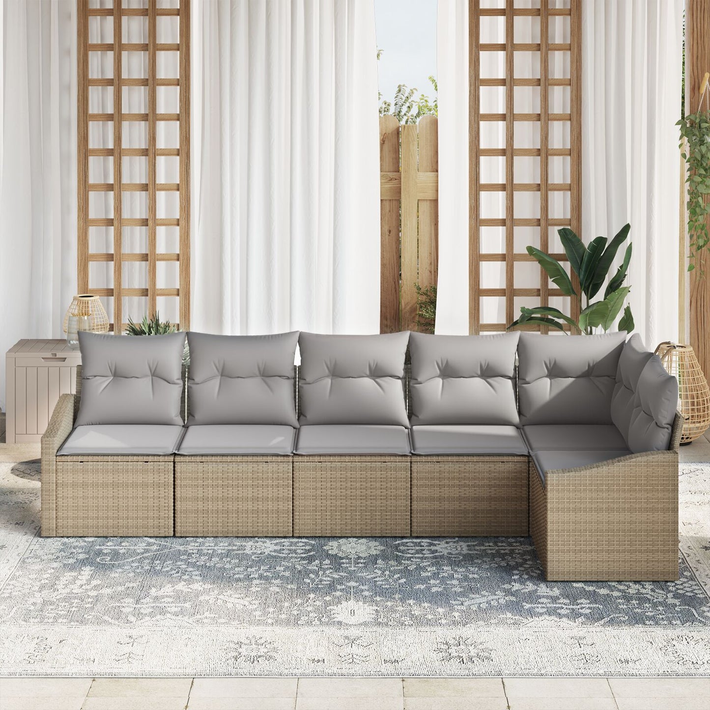 6-Delige Tuin Sofa Set Met Kussens Poly Rattan Beige en grijs zonder tafel