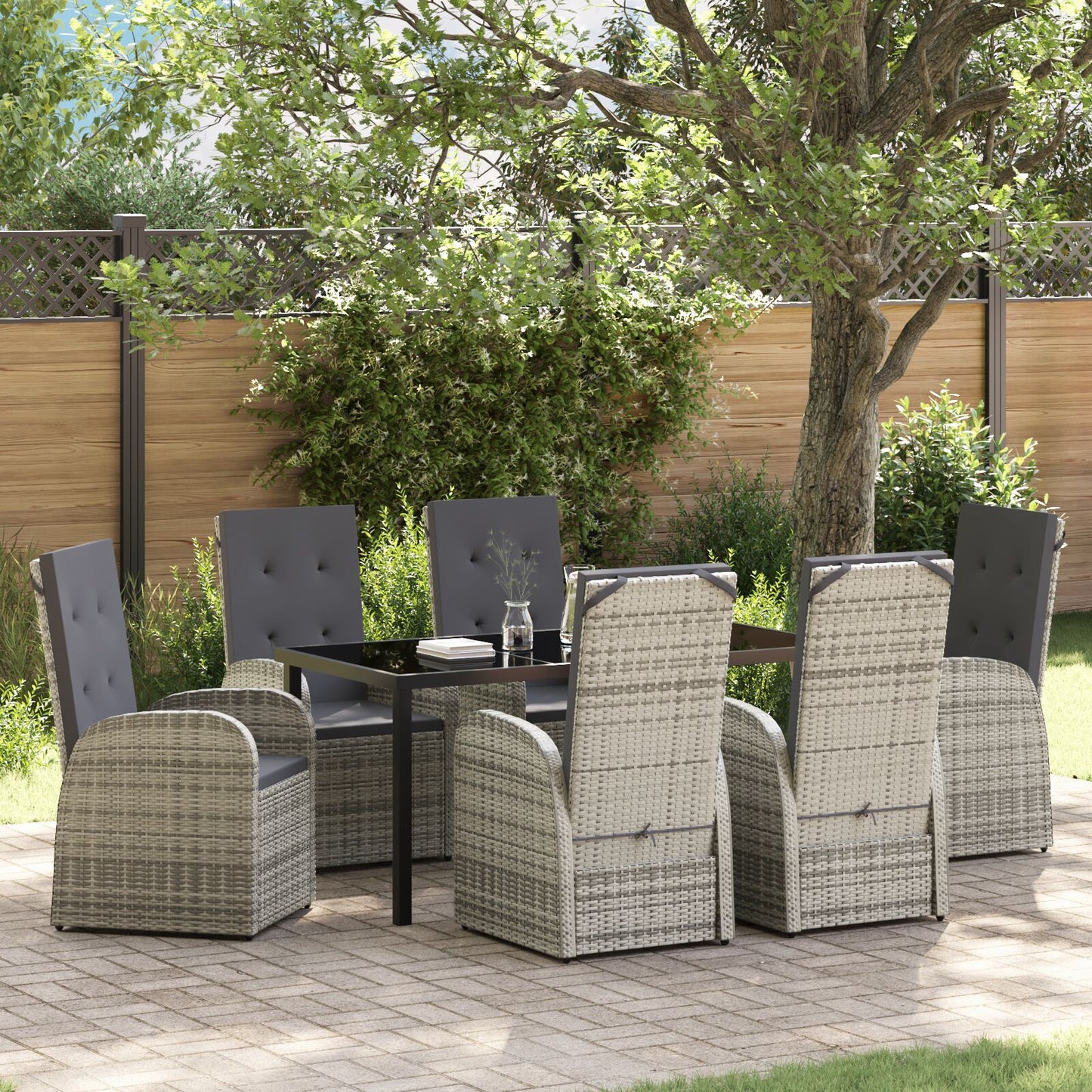 7-Delige Tuin Eetset Met Kussens Grijs Poly Rattan