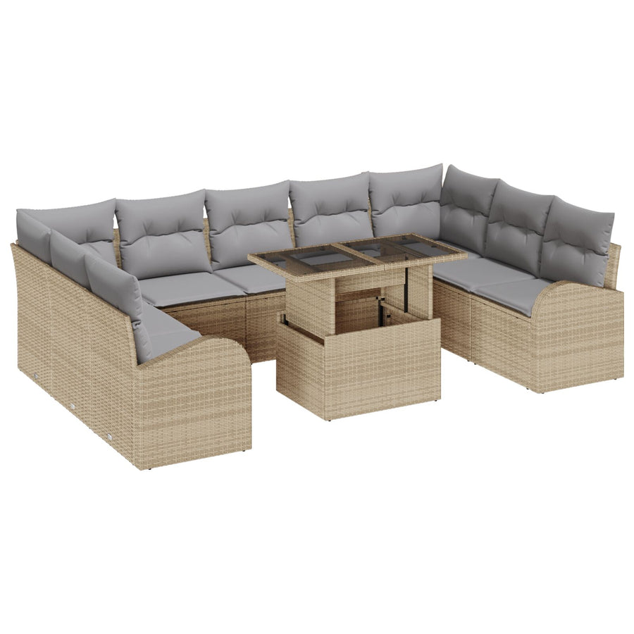 10-Delige Tuin Sofa Set Met Kussens Beige Poly Rattan