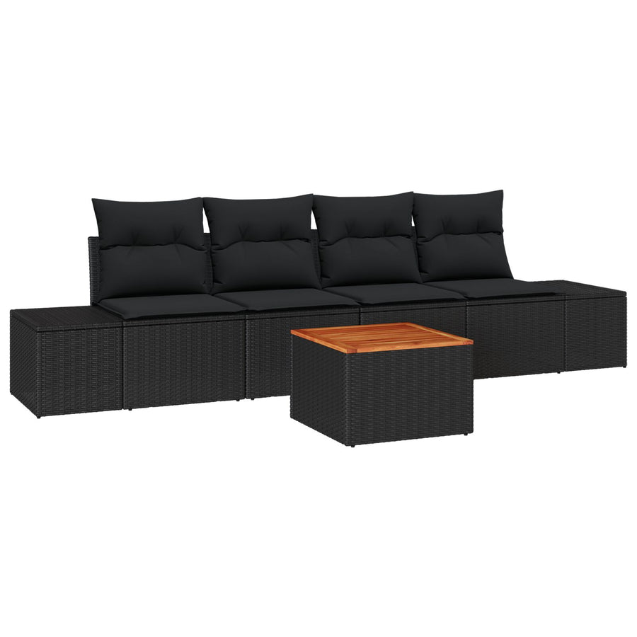 5-Delige Tuinsofa Set Met Kussens Zwart Poly Rattan Acacia